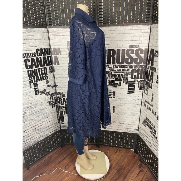 Woman Within 2 PC 2X Navy Perforated Lace Button Collar 3/4 Sleeve Shirt Dress - Picture 4 of 6